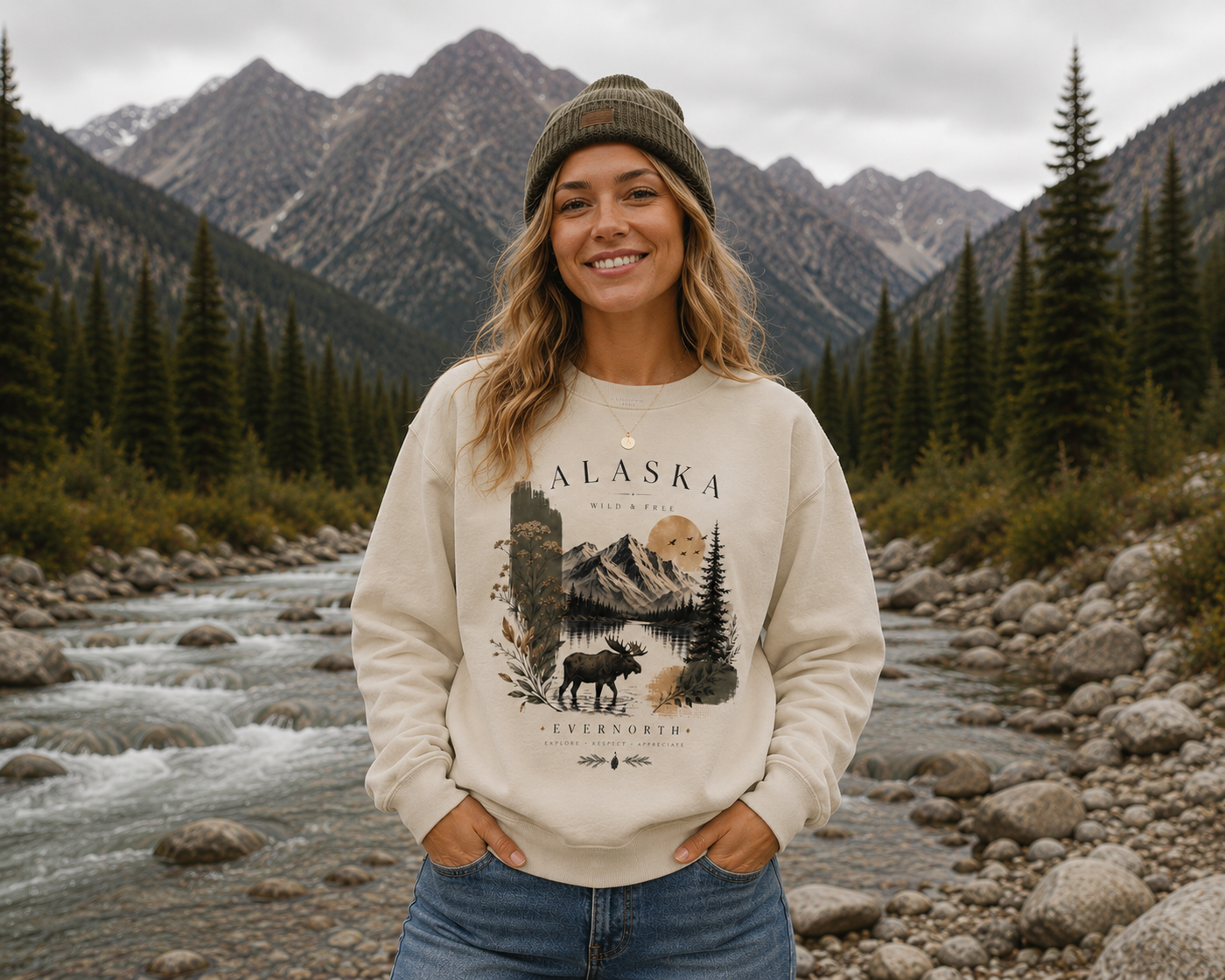 Alaska Wilderness Crewneck Sweatshirt — Moose & Mountain Scenic Pullover