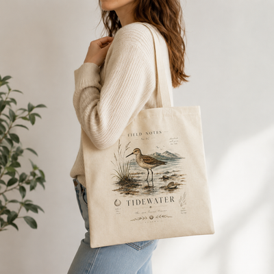 Cotton canvas tote bag printed with a vintage sandpiper shorebird sketch in muted coastal tones by Evernorth — design detail