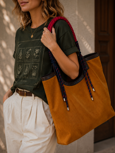 Northern Light Corduroy Tote, styled product mockup, elevated everyday everyday bag by Evernorth Design