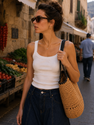 Woven Bag, Casual Beach Vacation Tote, Daily Versatile Commuter Purse, Unique Womens Accessory, styled product mockup by Evernorth Design