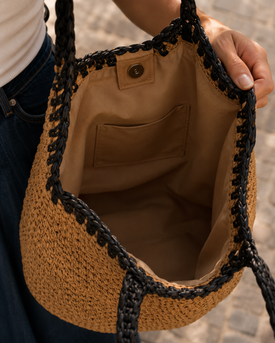 Woven Bag, Casual Beach Vacation Tote, Daily Versatile Commuter Purse, Unique Womens Accessory, styled product mockup by Evernorth Design