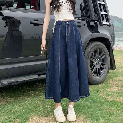 Alpine Coast Denim Midi Skirt, product photo, elevated everyday women’s everyday clothing by Evernorth Design