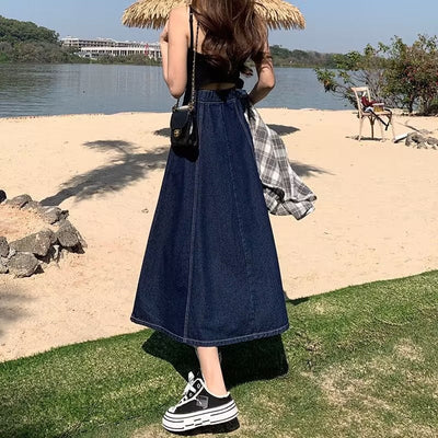 Alpine Coast Denim Midi Skirt, product photo, elevated everyday women’s everyday clothing by Evernorth Design