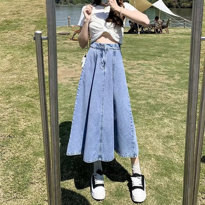 Alpine Coast Denim Midi Skirt, product photo, elevated everyday women’s everyday clothing by Evernorth Design