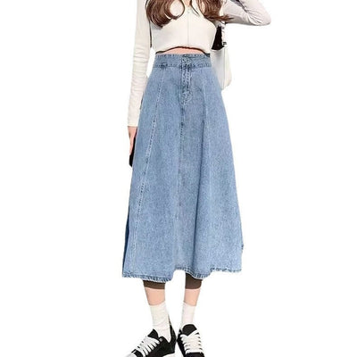 Alpine Coast Denim Midi Skirt, product photo, elevated everyday women’s everyday clothing by Evernorth Design