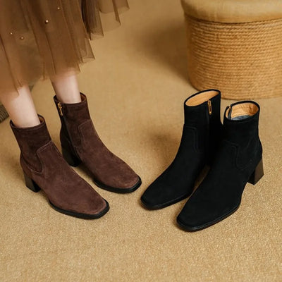 Womens Suede Ankle Booties with Block Heel, product photo, elevated everyday women’s footwear by Evernorth Design