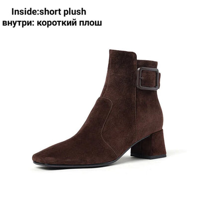 Womens Suede Ankle Booties with Block Heel, product photo, elevated everyday women’s footwear by Evernorth Design