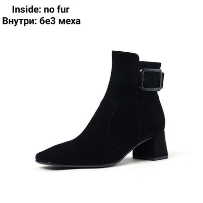 Womens Suede Ankle Booties with Block Heel, product photo, elevated everyday women’s footwear by Evernorth Design