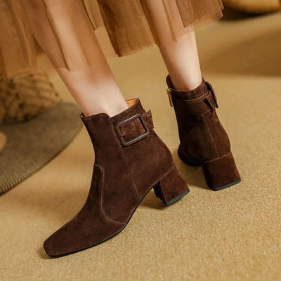Womens Suede Ankle Booties with Block Heel, product photo, elevated everyday women’s footwear by Evernorth Design