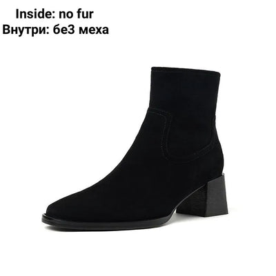Womens Suede Ankle Booties with Block Heel, product photo, elevated everyday women’s footwear by Evernorth Design