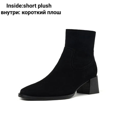 Womens Suede Ankle Booties with Block Heel, product photo, elevated everyday women’s footwear by Evernorth Design