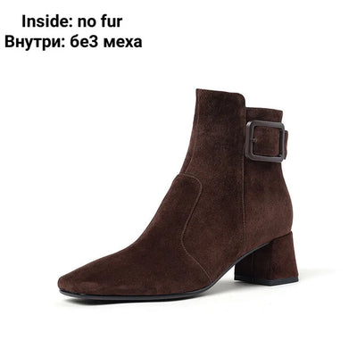 Womens Suede Ankle Booties with Block Heel, product photo, elevated everyday women’s footwear by Evernorth Design