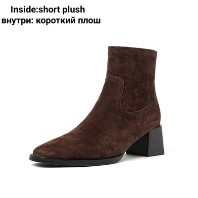 Womens Suede Ankle Booties with Block Heel, product photo, elevated everyday women’s footwear by Evernorth Design