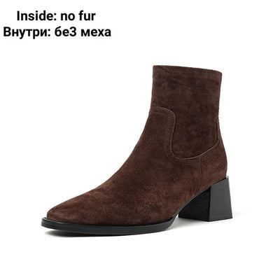 Womens Suede Ankle Booties with Block Heel, product photo, elevated everyday women’s footwear by Evernorth Design