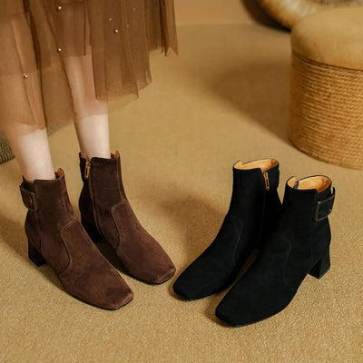 Womens Suede Ankle Booties with Block Heel, product photo, elevated everyday women’s footwear by Evernorth Design