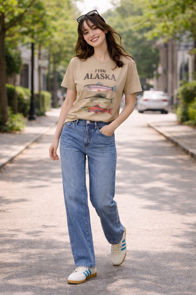Denali High Rise Straight Leg Jeans, Women’s Classic Full Length Denim, modeled lifestyle photo by Evernorth Design