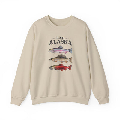 Fish Alaska Crewneck Sweatshirt, Salmon, Trout, Rockfish, product photo, Alaska-inspired and nature-inspired Alaska graphic tee by Evernorth Design