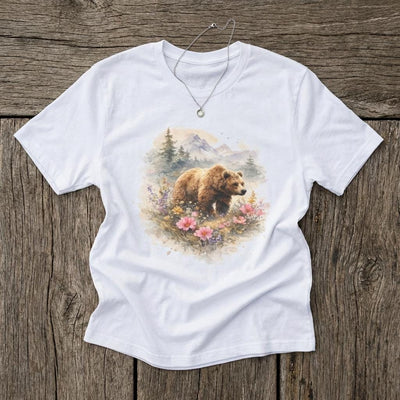 Bear Illustration T-Shirt, Mountain Nature Scene, product photo, Alaska-inspired and nature-inspired Alaska graphic tee by Evernorth Design