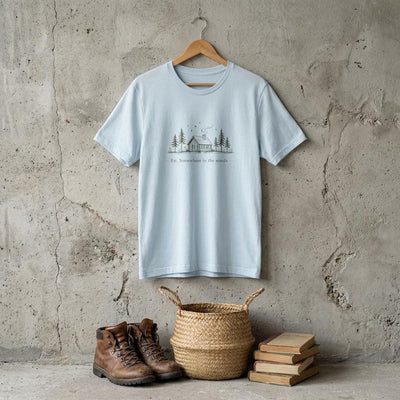Cabin in Pines illustration Tee, Cozy Woodland Scenic Shirt, product photo, elevated everyday graphic tee by Evernorth Design