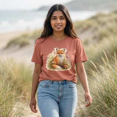 Watercolor Fox Tee, Sitting Fox with Flowers and Mushrooms, product photo, botanical graphic tee by Evernorth Design