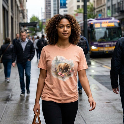 Bear Illustration T-Shirt, Mountain Nature Scene, product photo, Alaska-inspired and nature-inspired Alaska graphic tee by Evernorth Design