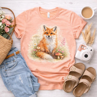 Watercolor Fox Tee, Sitting Fox with Flowers and Mushrooms, product photo, botanical graphic tee by Evernorth Design
