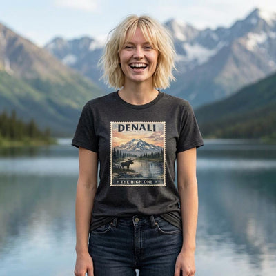 Denali Mountain Sunset T-Shirt, The High One National Park, product photo, Alaska-inspired and nature-inspired Alaska graphic tee by Evernorth Design