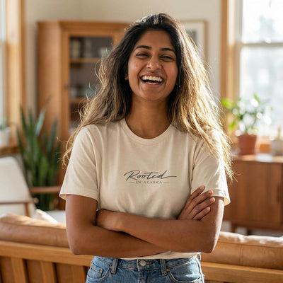 Rooted in Alaska T Shirt, Minimalist Mountain Tee, product photo, Alaska-inspired and nature-inspired Alaska graphic tee by Evernorth Design