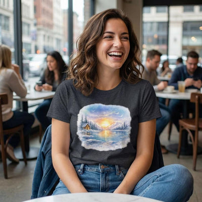 Midnight Sun Landscape Tee, Watercolor Mountain Cabin, product photo, Alaska-inspired and nature-inspired Alaska graphic tee by Evernorth Design