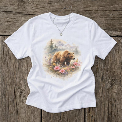 Bear Illustration T-Shirt, Mountain Nature Scene, product photo, Alaska-inspired and nature-inspired Alaska graphic tee by Evernorth Design