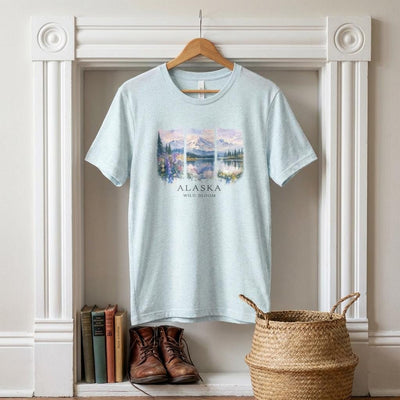 Alaska watercolor landscape tee, Landscape Shirt, product photo, Alaska-inspired and nature-inspired Alaska graphic tee by Evernorth Design