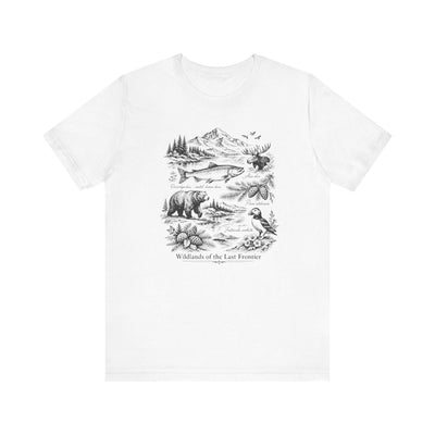 Wilderness Wildlife Illustration Tee, Bear, Salmon, Moose, Mountain Shirt, product photo by Evernorth Design