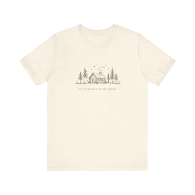 Cabin in Pines illustration Tee, Cozy Woodland Scenic Shirt, product photo, elevated everyday graphic tee by Evernorth Design