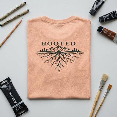 Rooted in Alaska T Shirt, Minimalist Mountain Tee, product photo, Alaska-inspired and nature-inspired Alaska graphic tee by Evernorth Design