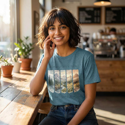 Alpine Light Study T-Shirt, Mountain Landscape Graphic Tee, product photo, nature-inspired graphic tee by Evernorth Design