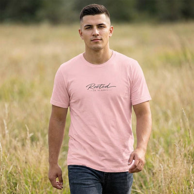 Rooted in Alaska T Shirt, Minimalist Mountain Tee, product photo, Alaska-inspired and nature-inspired Alaska graphic tee by Evernorth Design