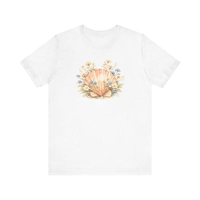Seashell Bouquet Tee, Floral Shell Illustration, Beachy Pastel Art, product photo, botanical graphic tee by Evernorth Design