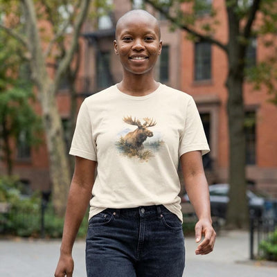 Watercolor Moose T-Shirt, Rustic Wildlife Tee, product photo, nature-inspired graphic tee by Evernorth Design
