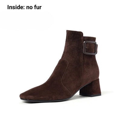 Womens Suede Ankle Booties with Block Heel, product photo, elevated everyday women’s footwear by Evernorth Design