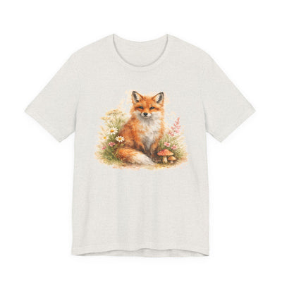 Watercolor Fox Tee, Sitting Fox with Flowers and Mushrooms, product photo, botanical graphic tee by Evernorth Design