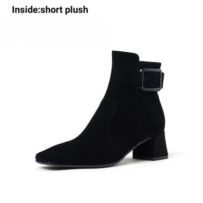 Womens Suede Ankle Booties with Block Heel, product photo, elevated everyday women’s footwear by Evernorth Design