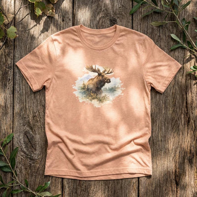 Watercolor Moose T-Shirt, Rustic Wildlife Tee, product photo, nature-inspired graphic tee by Evernorth Design
