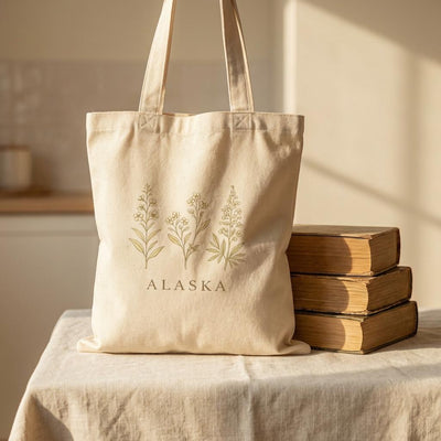 Northern Bloom, Alaska Wildflowers Tote Bag, product photo, Alaska-inspired and nature-inspired everyday bag by Evernorth Design