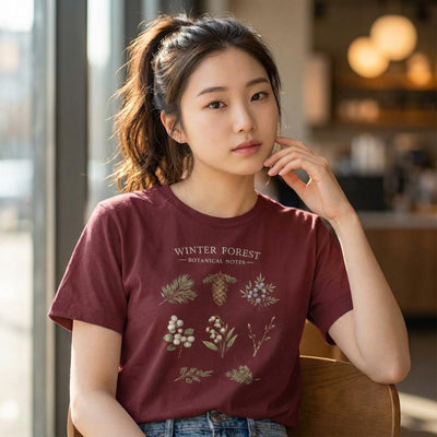 Winter Forest Botanical Tee, Pinecone & Rustic Foliage Shirt, product photo, botanical graphic tee by Evernorth Design
