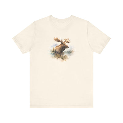 Watercolor Moose T-Shirt, Rustic Wildlife Tee, product photo, nature-inspired graphic tee by Evernorth Design