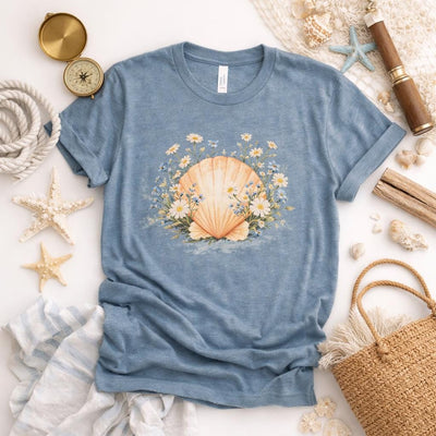 Seashell Bouquet Tee, Floral Shell Illustration, Beachy Pastel Art, product photo, botanical graphic tee by Evernorth Design