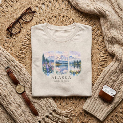 Alaska watercolor landscape tee, Landscape Shirt, product photo, Alaska-inspired and nature-inspired Alaska graphic tee by Evernorth Design