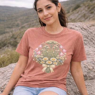Wildflower Bouquet Shirt, Daisy & Foxglove Illustration, product photo, botanical graphic tee by Evernorth Design