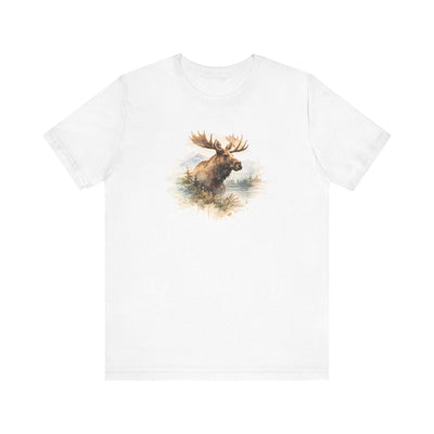 Watercolor Moose T-Shirt, Rustic Wildlife Tee, product photo, nature-inspired graphic tee by Evernorth Design