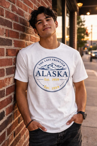 Alaska The Last Frontier, Classic Emblem Tee, product photo, Alaska-inspired and nature-inspired Alaska graphic tee by Evernorth Design